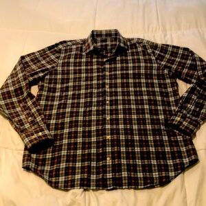 Mercer Blue button down plaid T-shirt unisex w colors of brown off white blue